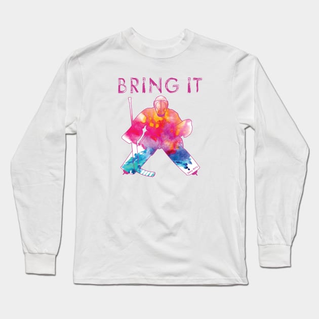 Girls Bring It Hockey Goalie Watercolor Pinks Long Sleeve T-Shirt by SaucyMittsHockey